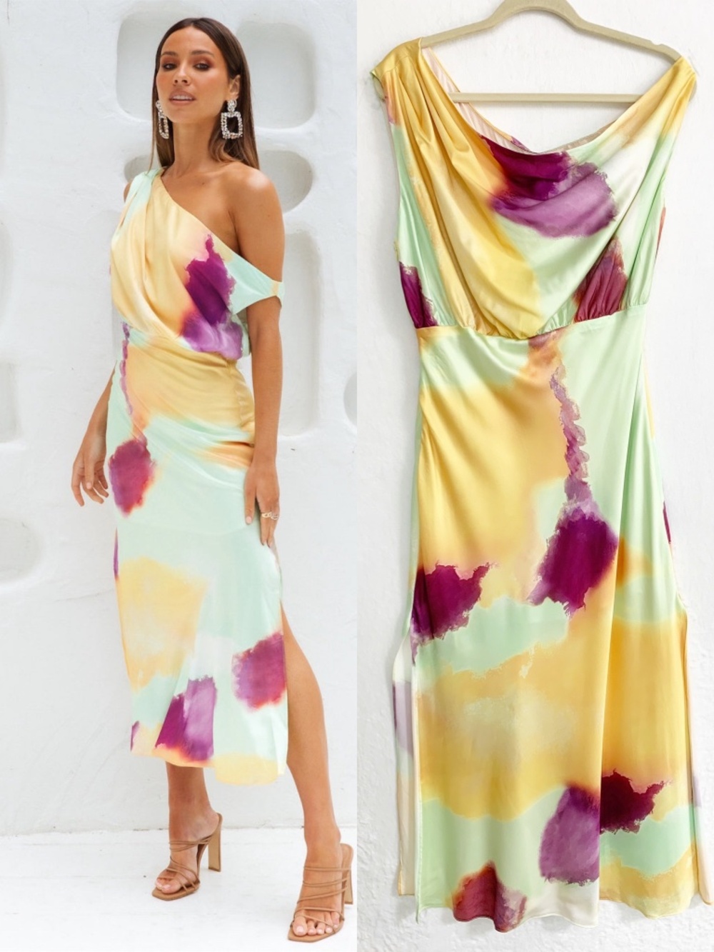 Hello Molly Talk To Me Asymmetrical Neckline Satin Midi Dress US Sz 8